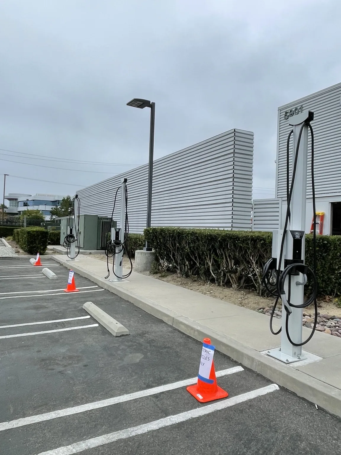 Commercial EV charging stations installed in a parking lot